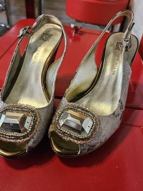 Anne Klein Metallic Gold Embellished Peep-Toe Slingback Mules